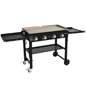Commercial Griddle On Cart, 36' Heavy Duty Manual Flat Top Griddle, Outdoor Cooking Station With Side Shelves, Steel Natural Gas Griddle, 4-Burner (Option: Food Service)