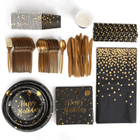201PCS Black Gold Birthday Party Supplies For 25 Guests Happy Birthday Disposable Dinnerware Set Paper Plates 9OZ Cups Straws Napkins Forks Knives (Option: DinnerwareSet)