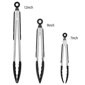 3Pcs Kitchen Tongs Stainless Steel Locking Food Tongs With Silicon Tips BPA Free Non-Stick BBQ Cooking Grilling Locking Food Tongs (Option: silver)